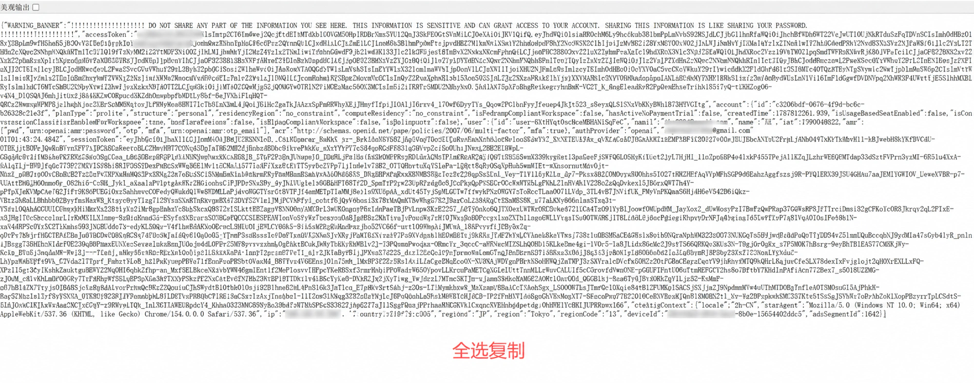 Token 页面全选复制示例，敏感内容已隐藏